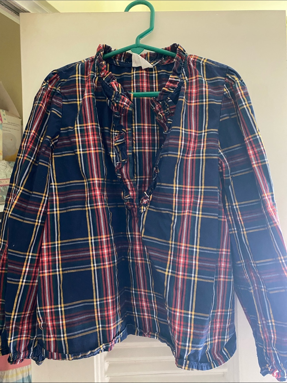 Crewcuts Navy Plaid Ruffle-Trim Long Sleeve Top